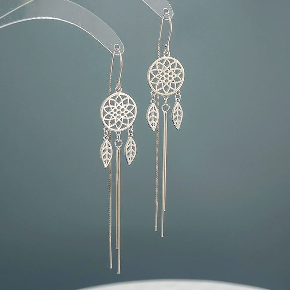 S925 Sterling Silver Dream Catcher Leaf Tassel Ear Chain Drop Earrings For Women Elegant Fashion Jewelry