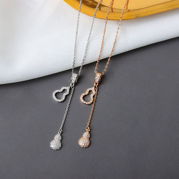 S925 Sterling Silver Drop Shape Gourd Pendant Necklace With Mixed Gem Inlay And Tassel Cross Chain Electroplated Clavicle Jewelry For Women