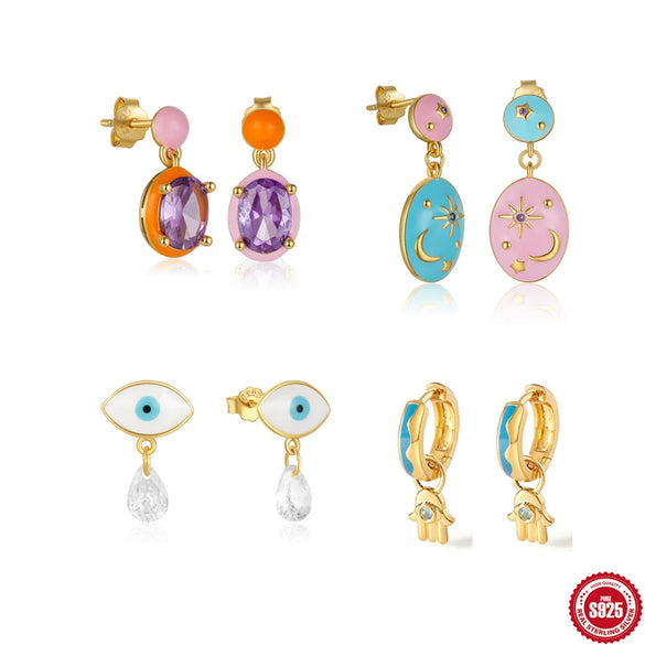 S925 Sterling Silver Egg Shaped Retro Asymmetric Ear Studs With Diamond Embedded Star Moon Dripping Oil Imitation Enamel