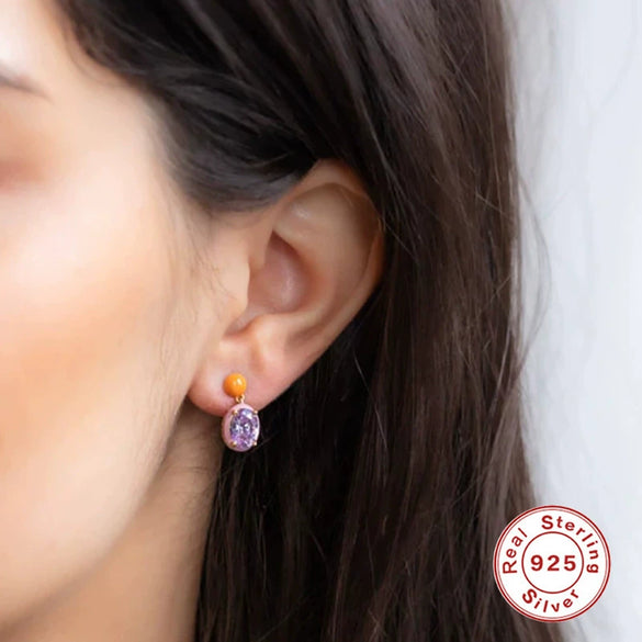 S925 Sterling Silver Egg Shaped Retro Asymmetric Ear Studs With Diamond Embedded Star Moon Dripping Oil Imitation Enamel
