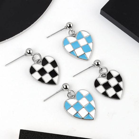 S925 Sterling Silver Electroplated Love Heart Drop Earrings With Chessboard Pattern Cute Sweet Plaid Peach Heart Design