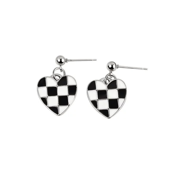S925 Sterling Silver Electroplated Love Heart Drop Earrings With Chessboard Pattern Cute Sweet Plaid Peach Heart Design