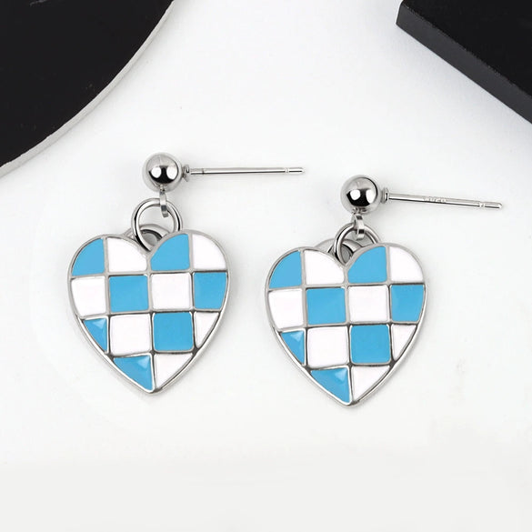 S925 Sterling Silver Electroplated Love Heart Drop Earrings With Chessboard Pattern Cute Sweet Plaid Peach Heart Design