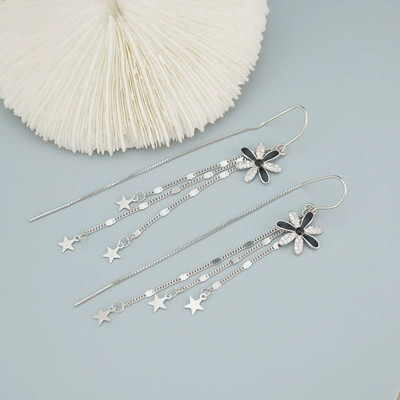 S925 Sterling Silver Elegant Flower Tassel Earrings Long Ear Wire Floral Dangle Earrings For Women Stylish Fashion Jewelry