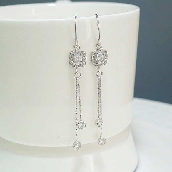 S925 Sterling Silver Elegant Geometric Rhombus Tassel Drop Earrings For Women Fashion Square Dangle Earrings
