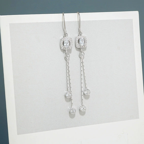 S925 Sterling Silver Elegant Geometric Rhombus Tassel Drop Earrings For Women Fashion Square Dangle Earrings