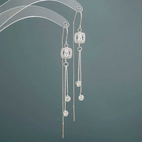 S925 Sterling Silver Elegant Geometric Rhombus Tassel Drop Earrings For Women Fashion Square Dangle Earrings