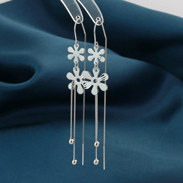 S925 Sterling Silver Elegant Glossy Flower Drop Earrings For Women Korean Style Long Tassel Floral Earrings Trendy Versatile Face Slimming
