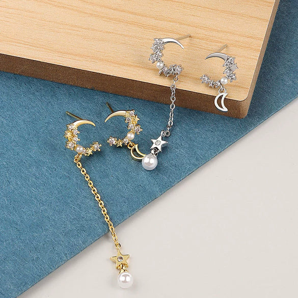 S925 Sterling Silver Elegant Simple Asymmetric Moon Pearl Tassel Earrings With Electroplated Geometric Design