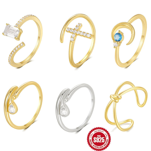 S925 Sterling Silver Fashion Classic Cross Crescent Diamond Opening Ring For Women With Geometric Design And Real Gold Electroplating