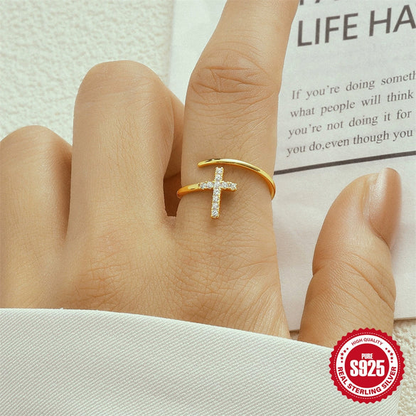 S925 Sterling Silver Fashion Classic Cross Crescent Diamond Opening Ring For Women With Geometric Design And Real Gold Electroplating
