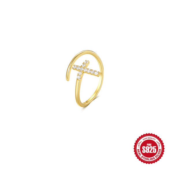 S925 Sterling Silver Fashion Classic Cross Crescent Diamond Opening Ring For Women With Geometric Design And Real Gold Electroplating