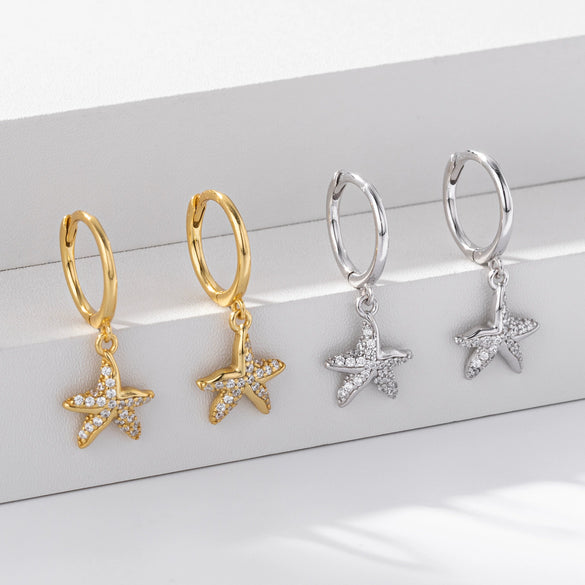 S925 Sterling Silver Fashion Creative Marine Life Inlaid Zircon Starfish Star Earrings For Women