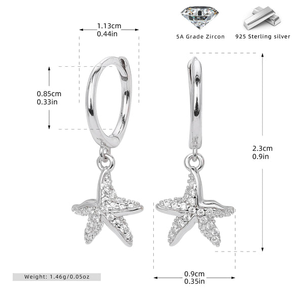 S925 Sterling Silver Fashion Creative Marine Life Inlaid Zircon Starfish Star Earrings For Women
