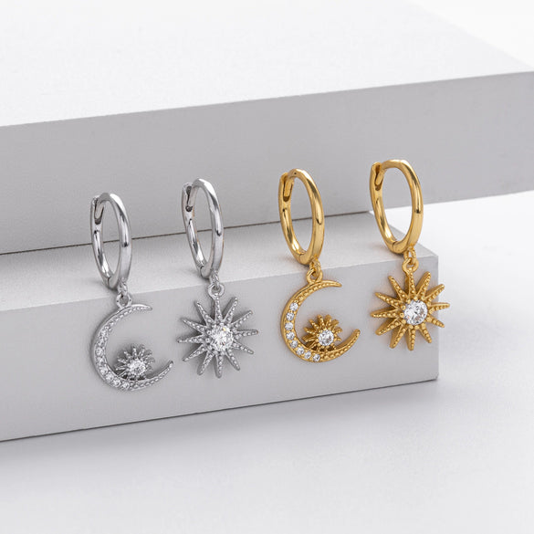 S925 Sterling Silver Fashion Star Moon Zircon Inlaid Women's Earrings