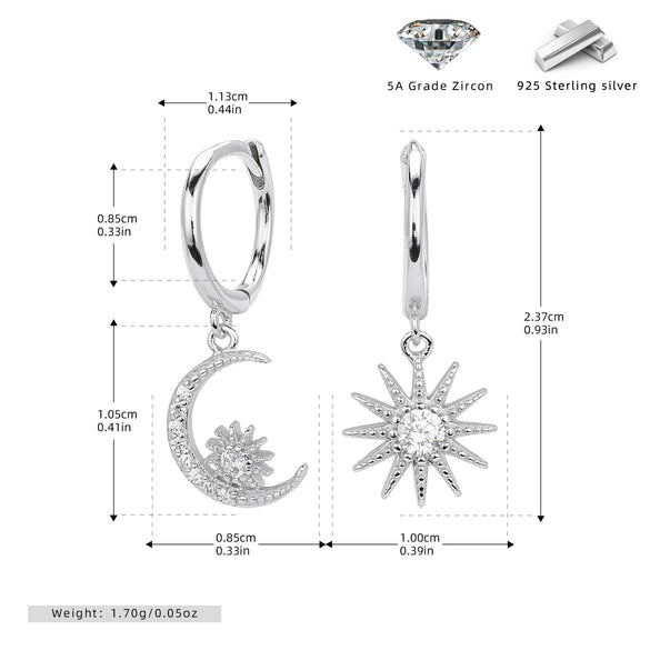 S925 Sterling Silver Fashion Star Moon Zircon Inlaid Women's Earrings