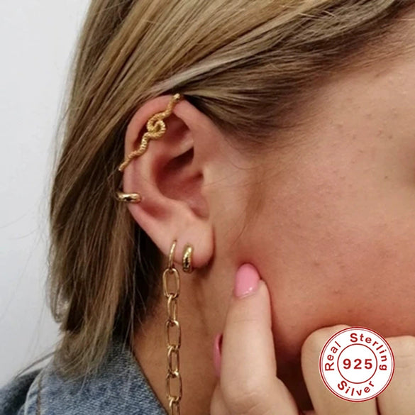 S925 Sterling Silver Fashionable All Match Snake Shaped Geometric Earmuffs For Adults Electroplated No Pierced Ears