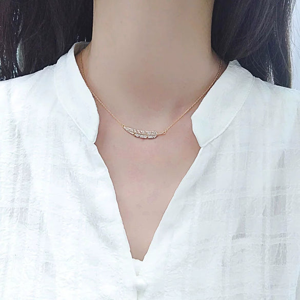 S925 Sterling Silver Feather Necklace With Full Stone Inlay Electroplated Cross Chain Elegant Clavicle Pendant Jewelry For Women