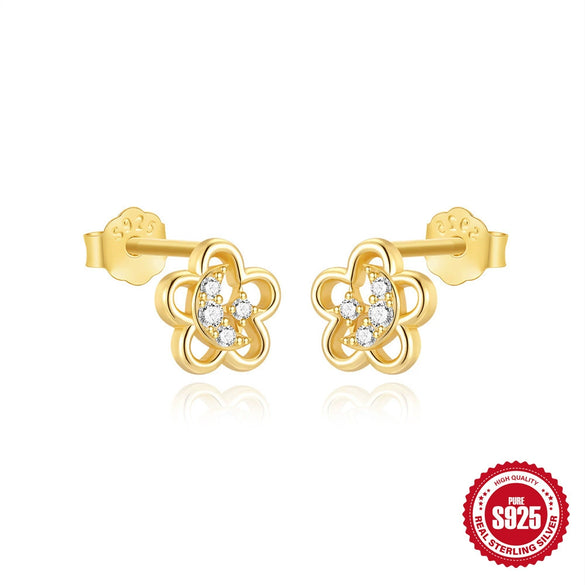 S925 Sterling Silver Five Petal Flower Hollow Electroplated Women's Earrings