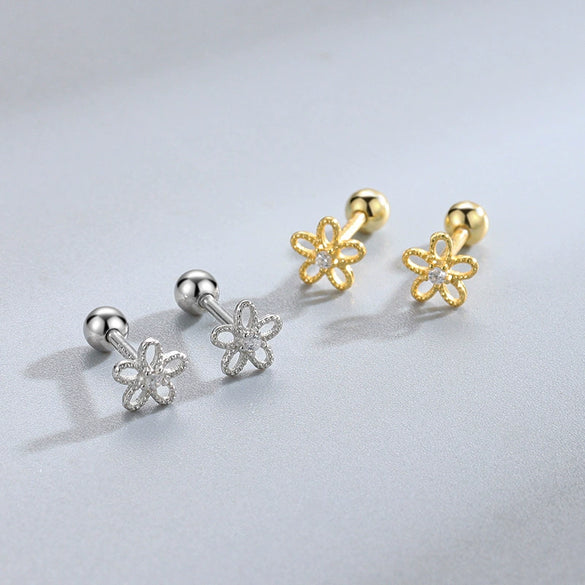 S925 Sterling Silver Five Petal Flower Stud Earrings With Diamond Inlay Mori Style Light Luxury Women's Jewelry
