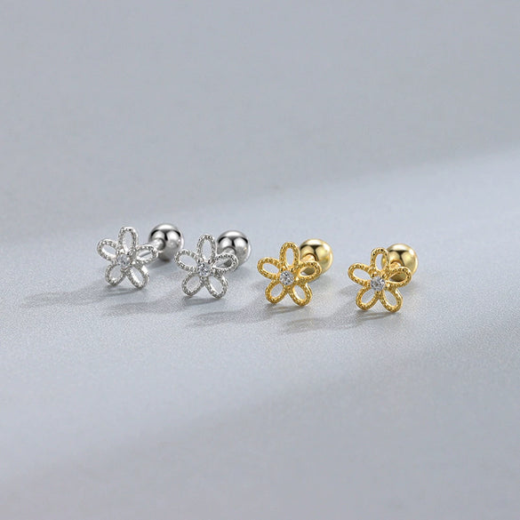 S925 Sterling Silver Five Petal Flower Stud Earrings With Diamond Inlay Mori Style Light Luxury Women's Jewelry