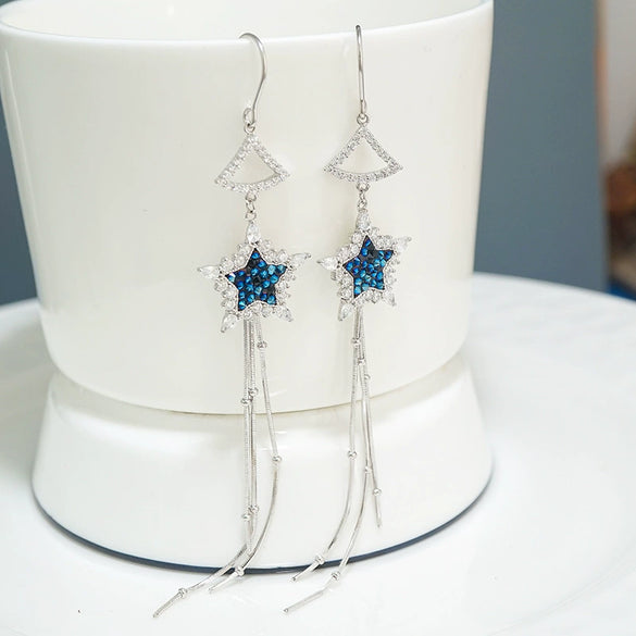 S925 Sterling Silver Five Pointed Star Long Tassel Earrings With Diamond Accent Elegant Fashion Dangle Earrings For Women