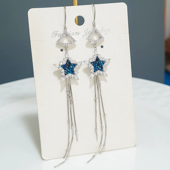 S925 Sterling Silver Five Pointed Star Long Tassel Earrings With Diamond Accent Elegant Fashion Dangle Earrings For Women