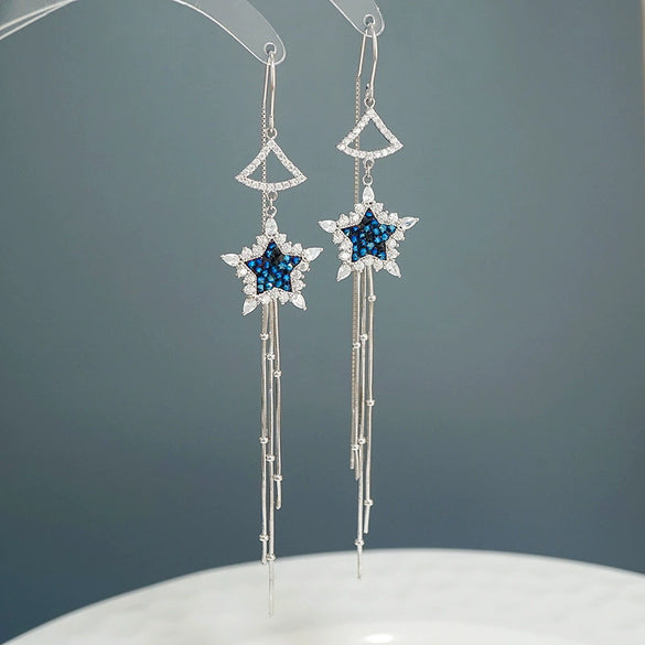 S925 Sterling Silver Five Pointed Star Long Tassel Earrings With Diamond Accent Elegant Fashion Dangle Earrings For Women