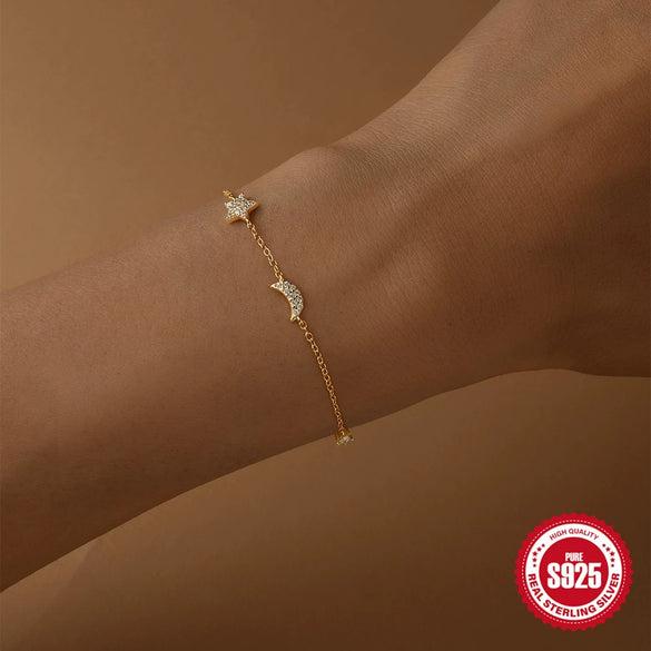 S925 Sterling Silver Five Pointed Star Moon Diamond Electroplated Ins Style Hand Jewelry Bracelet For Women And Unisex