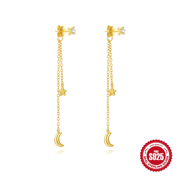 S925 Sterling Silver Five Pointed Star Moon Tassel Earrings With Geometric Design And Electroplating For Women