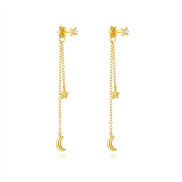 S925 Sterling Silver Five Pointed Star Moon Tassel Earrings With Geometric Design And Electroplating For Women