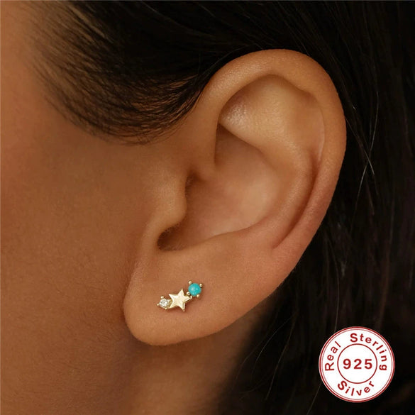 S925 Sterling Silver Fivepointed Star Geometric Twelve Constellation Birthday Stone Earrings With Electroplating