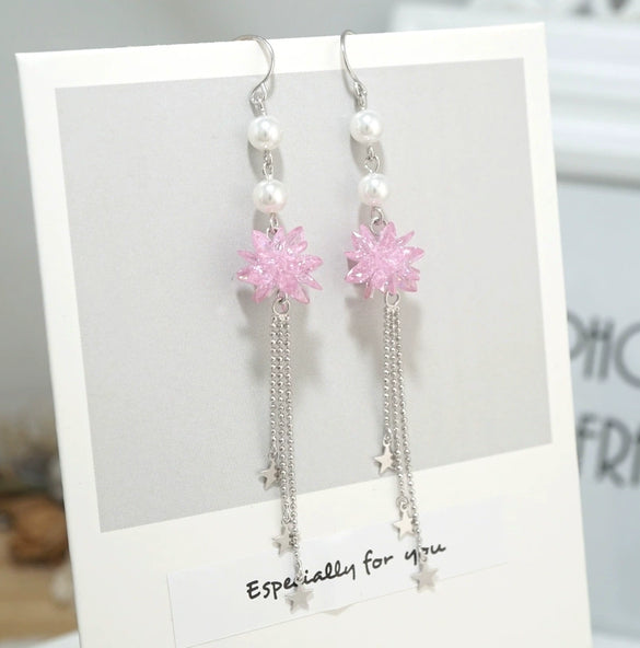 S925 Sterling Silver Flower Star Earrings With Purple Ice Crystal And Pearl Tassel Long Elegant Drop Earrings For Women