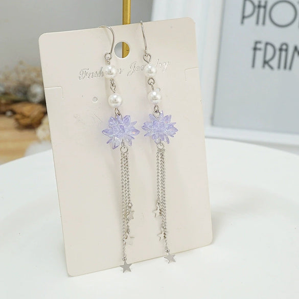 S925 Sterling Silver Flower Star Earrings With Purple Ice Crystal And Pearl Tassel Long Elegant Drop Earrings For Women