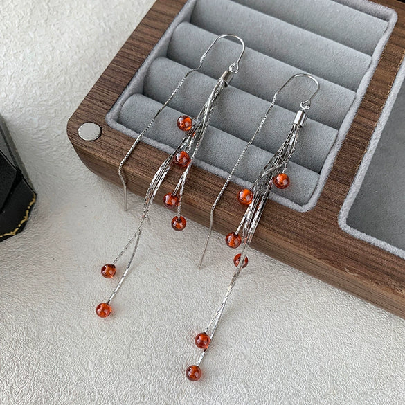 S925 Sterling Silver Flower Tassel Earrings Vintage Geometric Red Pomegranate Dangle Ear Line Earrings