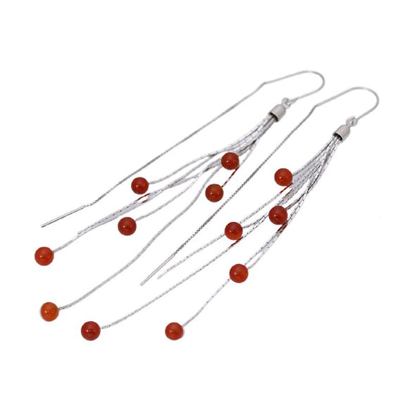 S925 Sterling Silver Flower Tassel Earrings Vintage Geometric Red Pomegranate Dangle Ear Line Earrings