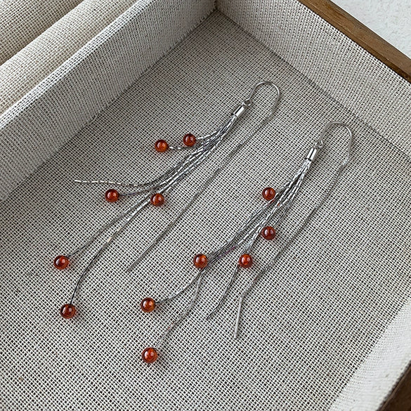 S925 Sterling Silver Flower Tassel Earrings Vintage Geometric Red Pomegranate Dangle Ear Line Earrings