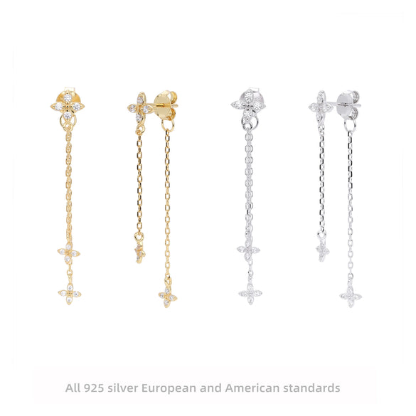 S925 Sterling Silver Flower Tassel Zircon Earrings For Women