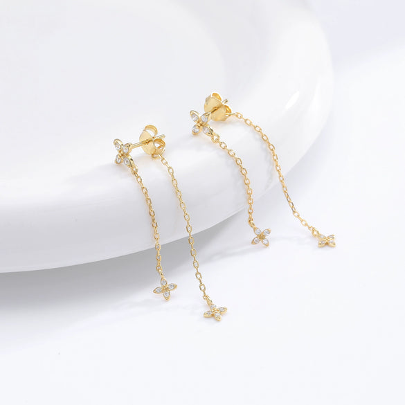 S925 Sterling Silver Flower Tassel Zircon Earrings For Women