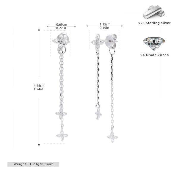 S925 Sterling Silver Flower Tassel Zircon Earrings For Women