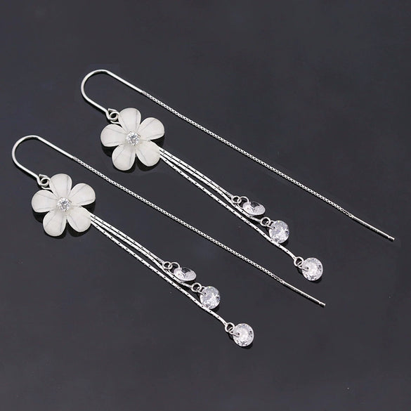 S925 Sterling Silver Flower Zircon Dangle Earrings For Women Elegant Sweet Tassel Drop Earrings Light Luxury Floral Jewelry