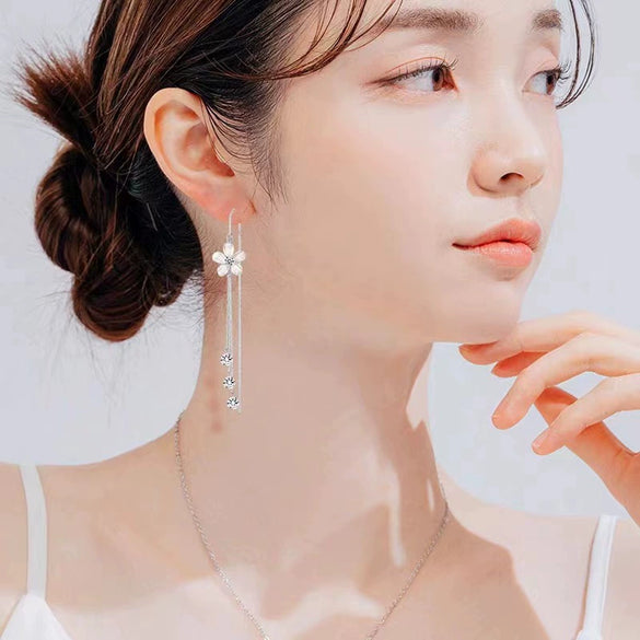 S925 Sterling Silver Flower Zircon Dangle Earrings For Women Elegant Sweet Tassel Drop Earrings Light Luxury Floral Jewelry