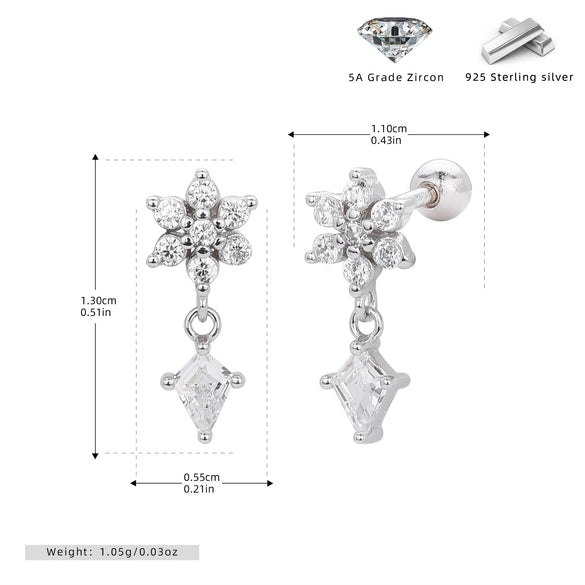 S925 Sterling Silver Flower Zirconium Electroplated Piercing Earrings For Women