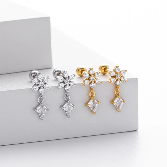 S925 Sterling Silver Flower Zirconium Electroplated Piercing Earrings For Women