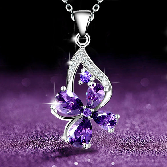 S925 Sterling Silver Four Leaf Clover Amethyst Diamond Ladies Necklace