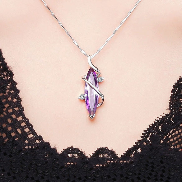 S925 Sterling Silver Four Leaf Clover Amethyst Diamond Ladies Necklace