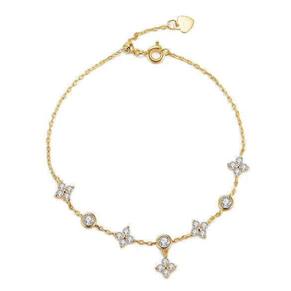 S925 Sterling Silver Fourleaf Clover Bracelet With Zircon 18K Gold Plated Flower Leaves Light Luxury Style