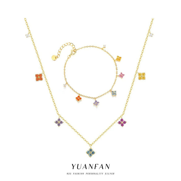 S925 Sterling Silver Fourleaf Clover Necklace With French Color Zircon For Women Light Luxury Niche Design Clavicle Chain