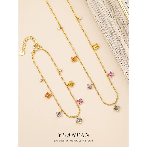 S925 Sterling Silver Fourleaf Clover Necklace With French Color Zircon For Women Light Luxury Niche Design Clavicle Chain