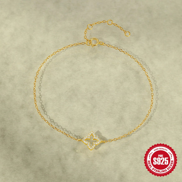 S925 Sterling Silver Fourleaf Clover Unisex Bracelet And Earrings With Electroplating